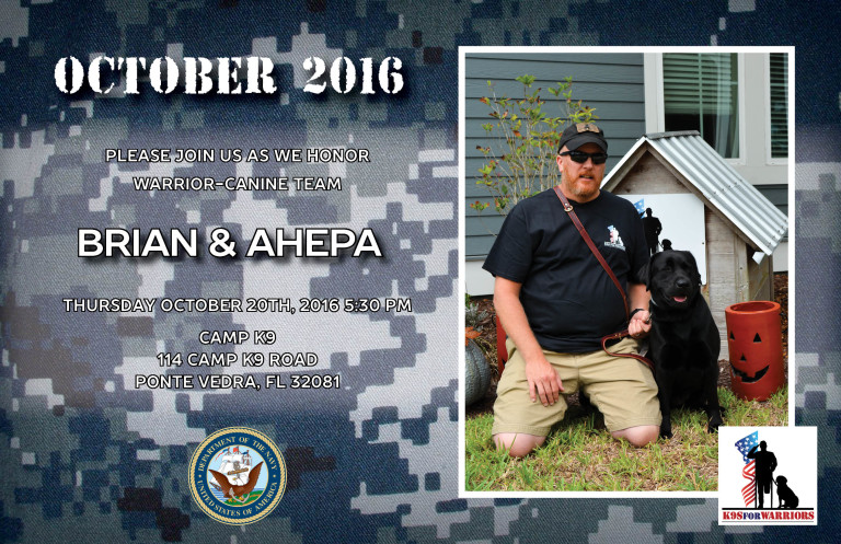Our First Dog ” AHEPA”, sponsored in 2016  and paired with a veteran (Brian ).